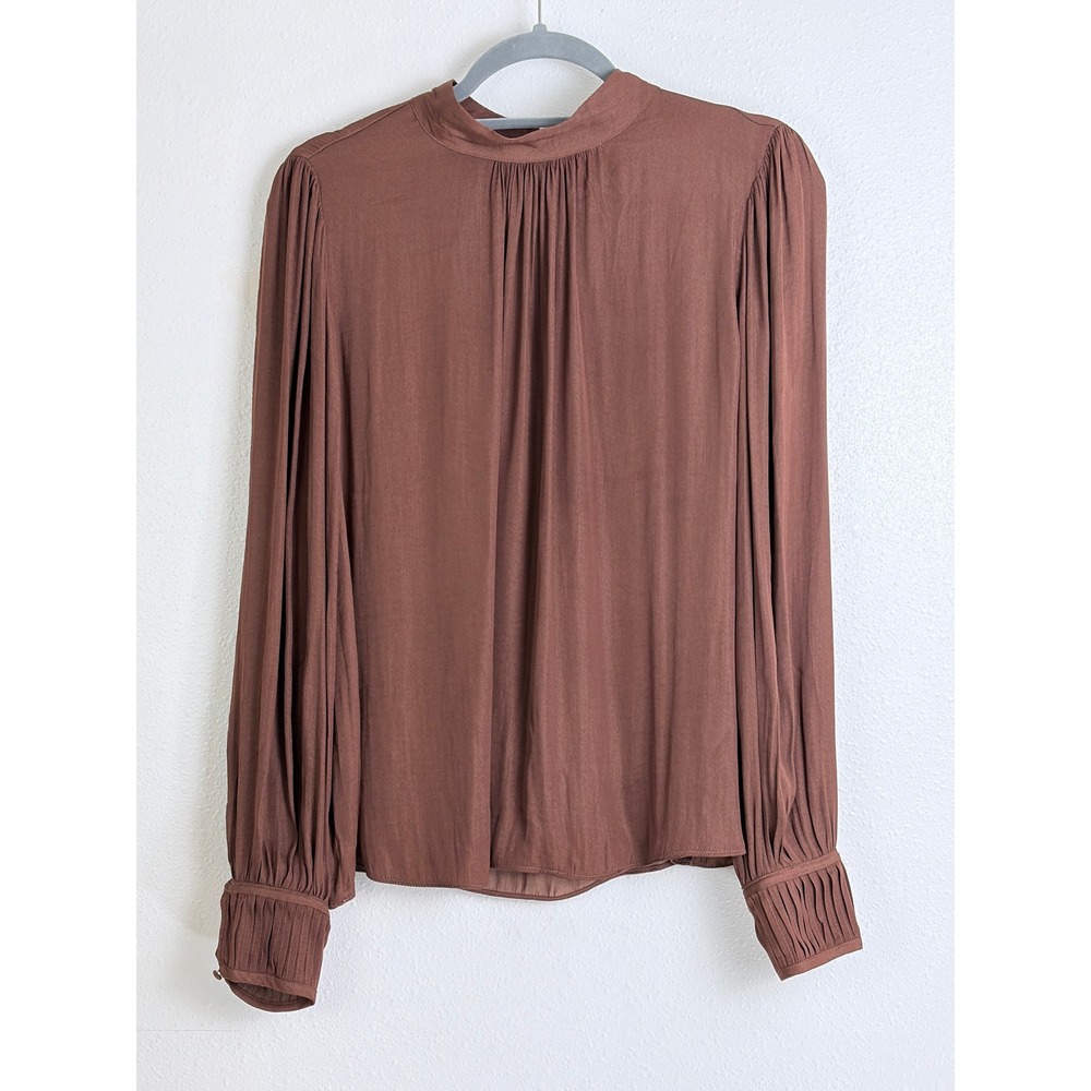 Chocolate Brown Mock Neck Blouse Maison d'Amelie Pleated Cuff XL Dark Academia